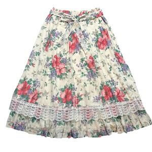 Vintage Carefree Fashions Floral Lace Trim Maxi Skirt Cottagecore XL 34” Waist